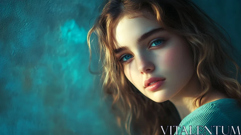 Cinematic teal portrait with soft-focus bokeh backdrop.