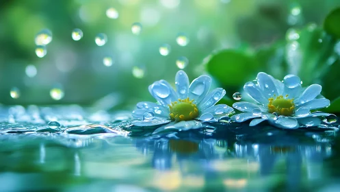 Blue Daisies Glistening with Morning Dewdrops