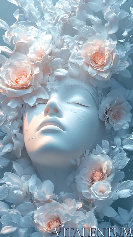 Ethereal porcelain face encircled by pale roses and petals