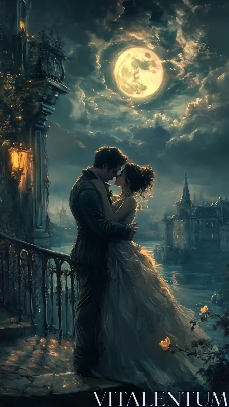 Moonlit lovers embrace on balcony above misty river city.