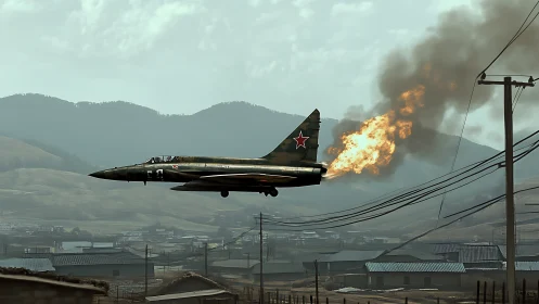 Low-altitude Soviet jet with catastrophic engine fire over town.