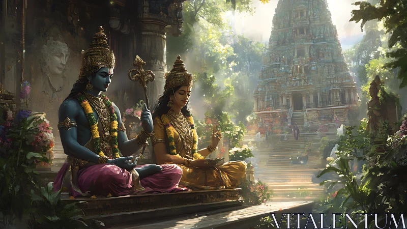 Divine deities meditate in a sunlit jungle temple courtyard