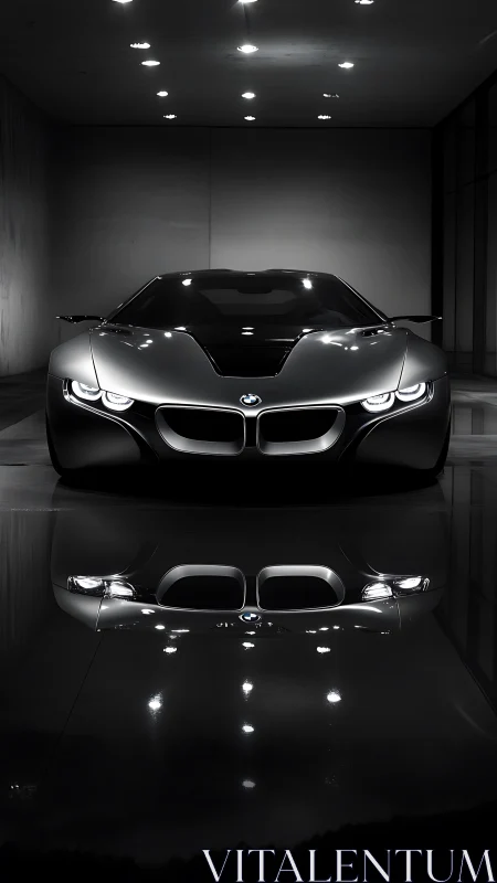 Sleek black sports car glows softly in a polished dark studio
