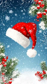 Red Santa hat with snow, fir branches and berries.