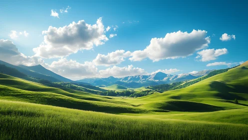Rolling green hills under clear sky and distant mountains.