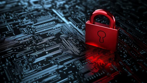 Red security padlock guarding digital circuit network.