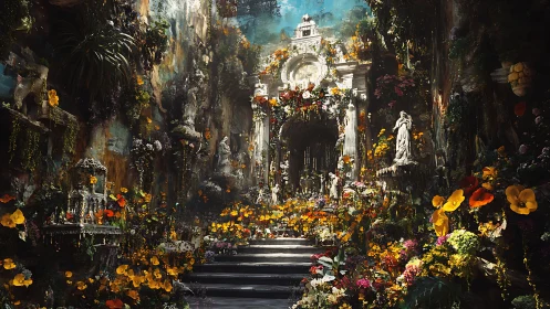 Baroque stone atrium entwined with luminous floral overgrowth.