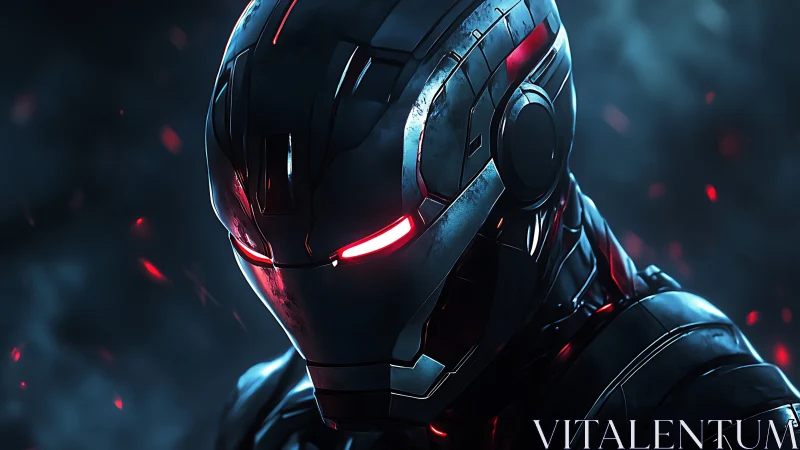 Futuristic armored humanoid helmet glows with red light