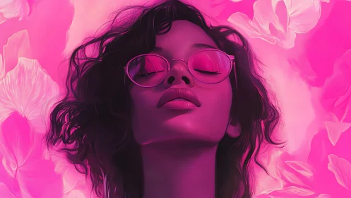 Neon magenta portrait renders serene woman in reflective glasses