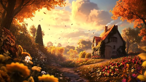 Sunlit cottage garden in radiant autumn meadow glow.
