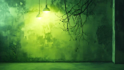 Green concrete room shows hanging lamps and bare tree branch