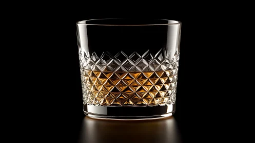 Cut glass tumbler with amber liquid on black background.