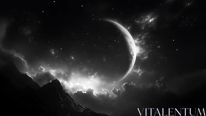 Luminous crescent moon hangs over shadowed mountain peaks.