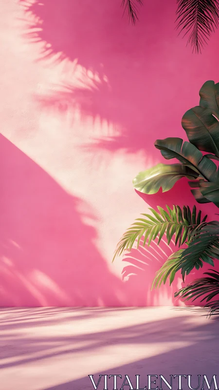 Palm leaves cast sharp shadows on solid pink exterior wall