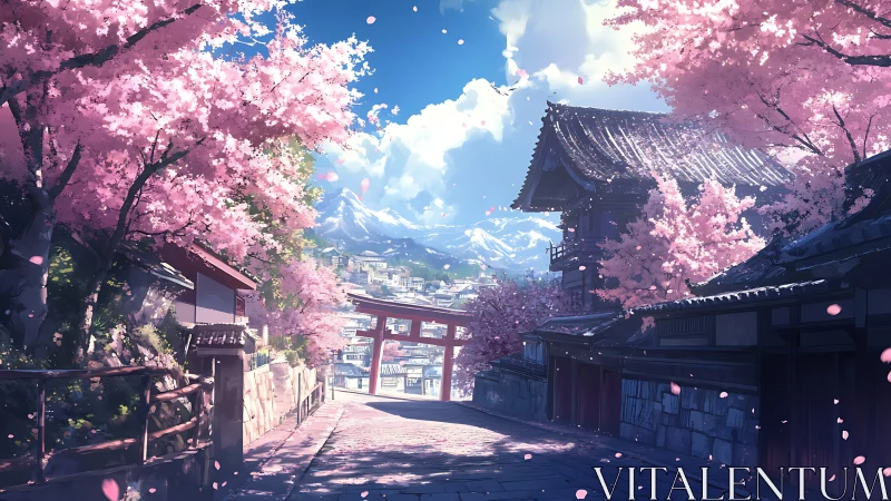 Cherry blossoms frame a tranquil street beneath snow peaks
