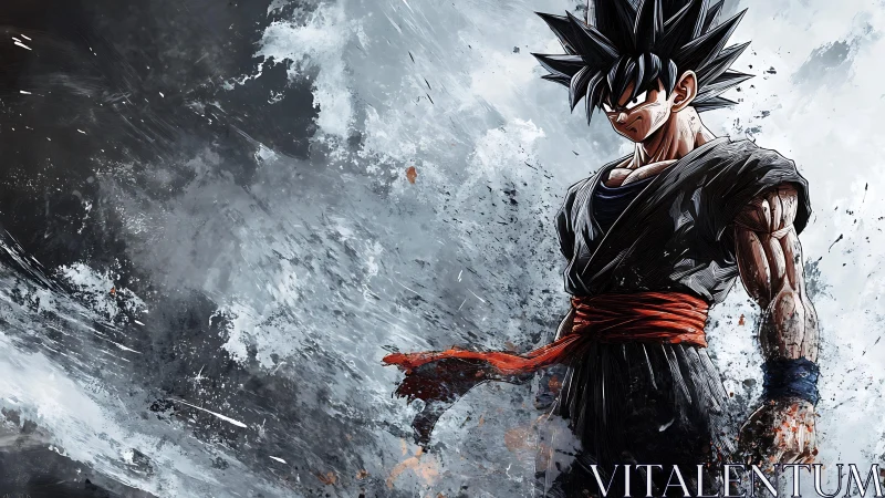 Black-haired anime fighter amid abstract storm backdrop.