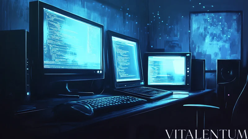 Triple monitor programming workstation glows in blue light