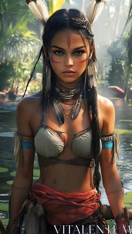 Warrior woman in sunlit jungle with intricate tribal adornment.