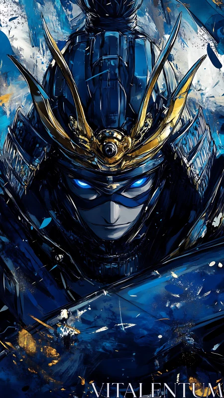 Cybernetic samurai portrait with luminous eyes and dynamic brushwork