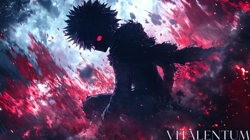Shadowed anime warrior within erupting crimson energy field.