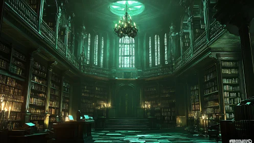 Green-illuminated multi-level library interior is depicted