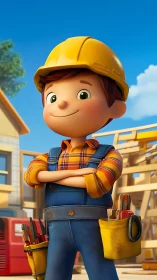 3D builder character in hard hat with tools at construction site.