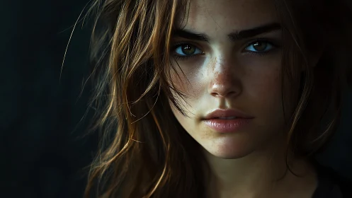 Cinematic female portrait with freckled skin and loose hair.