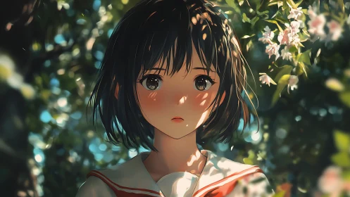 Schoolgirl portrait catches dappled sunlight in garden