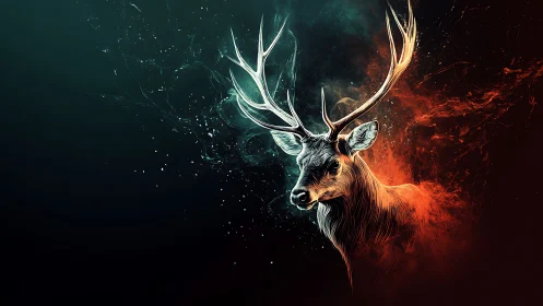 Stag head emerges from dual-colored abstract energy field