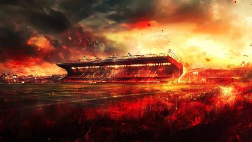 Football stadium under intense red sky at sunset.