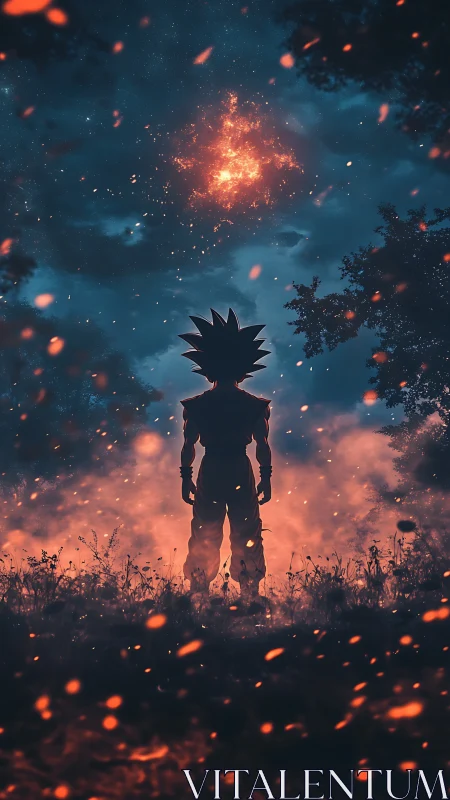 Silhouetted figure observes aerial fire cluster in night sky