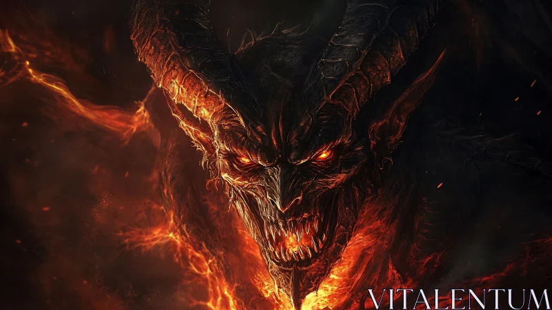 Fiery horned demon emerging from swirling molten shadows.