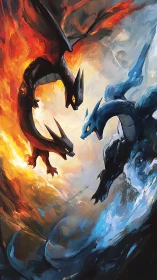 Twin elemental dragons carve a blazing spiral of fire and ice