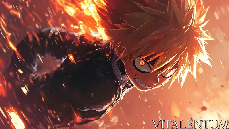 Fierce ember hero hurtles forward through molten twilight