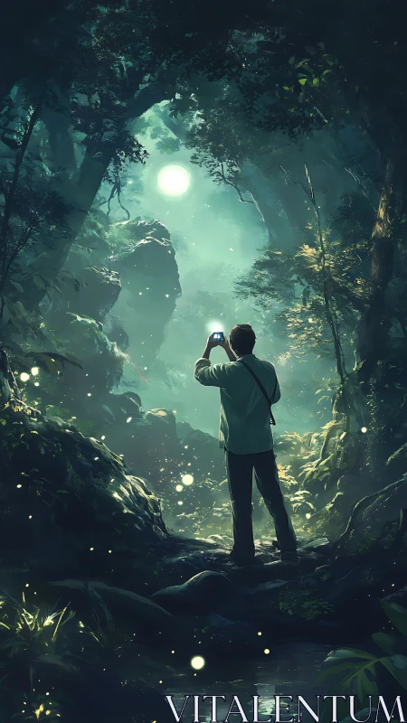 Lone explorer photographs luminous moonlit forest path