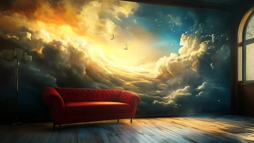 Crimson sofa adrift before a sunlit ocean of storm clouds.