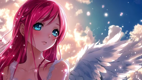 Winged anime character looks upward against clouded sky