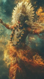 Mythic female figure in ornate headdress amid controlled flames.