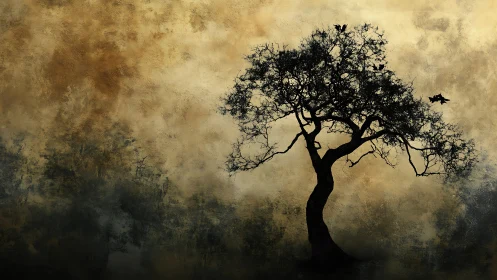 Solitary silhouette tree against a softly glowing sky.