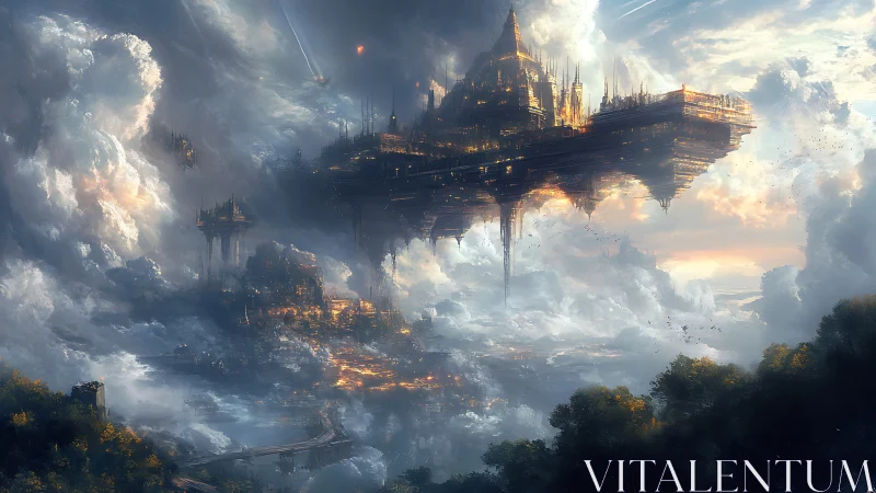 Floating fortress city hovers above cloud canyon landscape