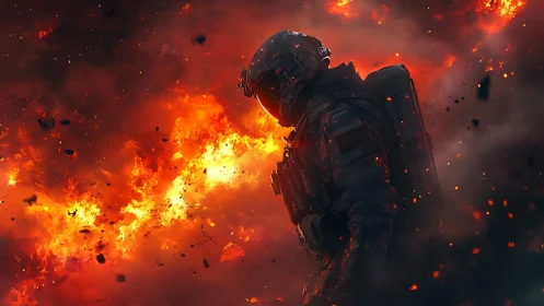 Armored Figure Amid Pyrotechnic Detonation Sequence