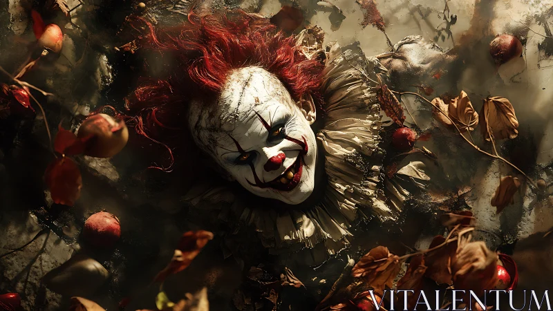 Clown face emerges from ground amid decayed leaves and apples