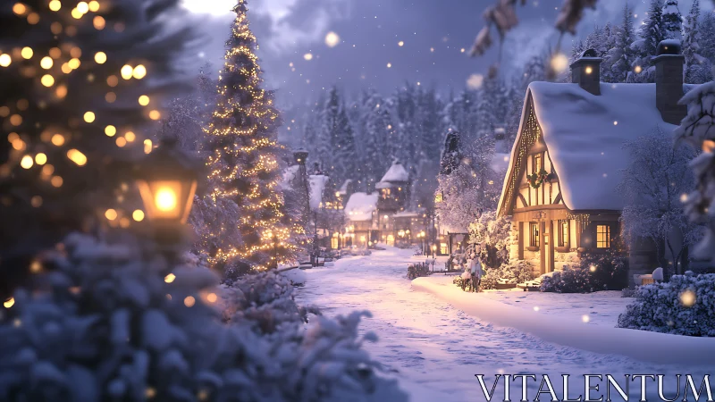 Snowlit village street hums softly with golden winter lights