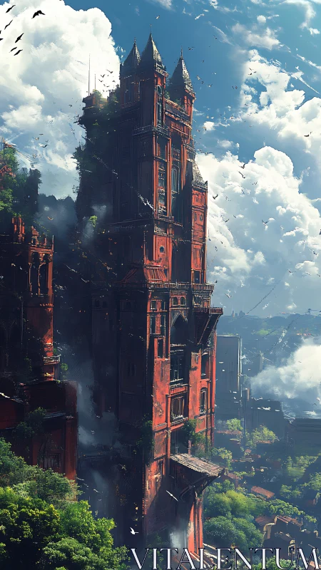 Vertical red citadel rises above verdant post-urban landscape