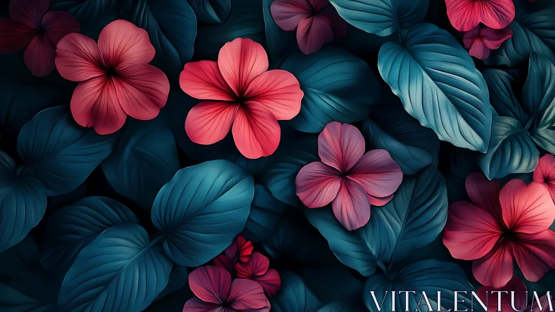 Coral Hibiscus Blooms Against Teal Foliage. Digital Botanical Render.