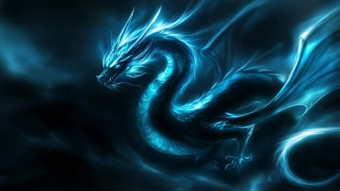 Glowing blue dragon twists through dark abstract atmosphere