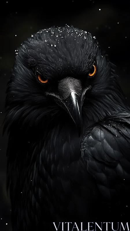 Midnight raven portrait with ember-bright, watchful eyes.