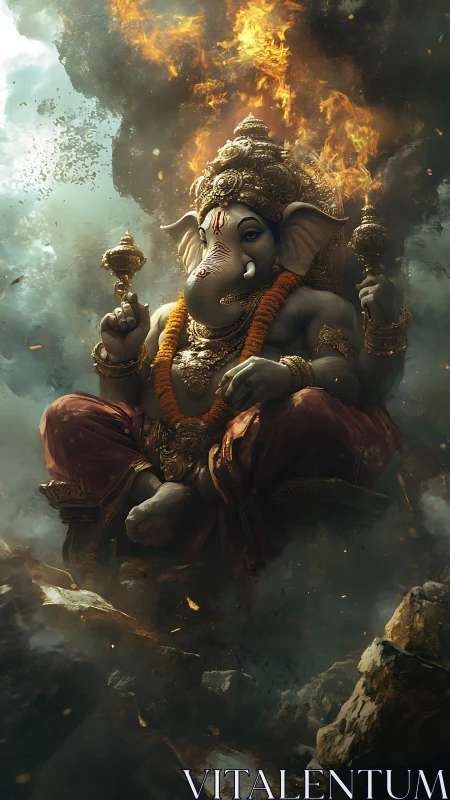 Elephant headed deity seated amid fire and storm clouds