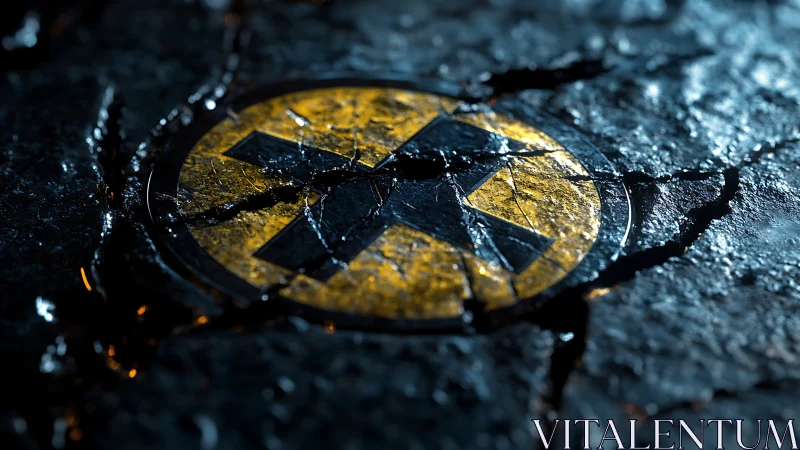 Weathered yellow symbol glowing through cracked pavement.