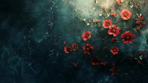 Red flowers arranged on textured dark blue surface.